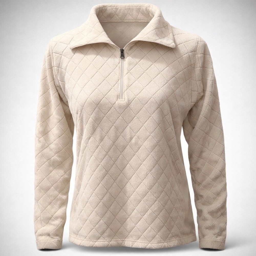 Columbia Cream‎ Quilted Quarter Zip Fleece Pullover Diamond Pattern Sweatshirt